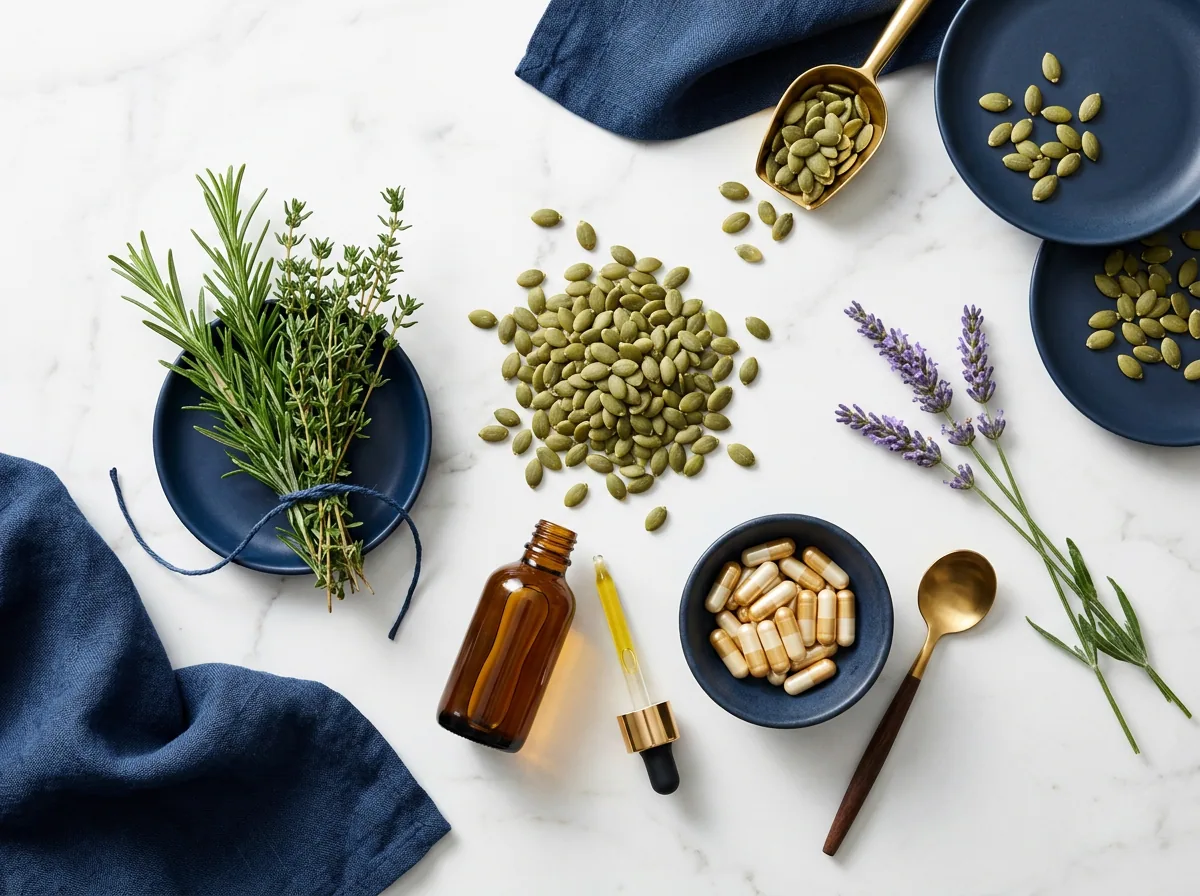Natural zinc-rich pumpkin seeds and botanical ingredients for men's pelvic wellness supplement