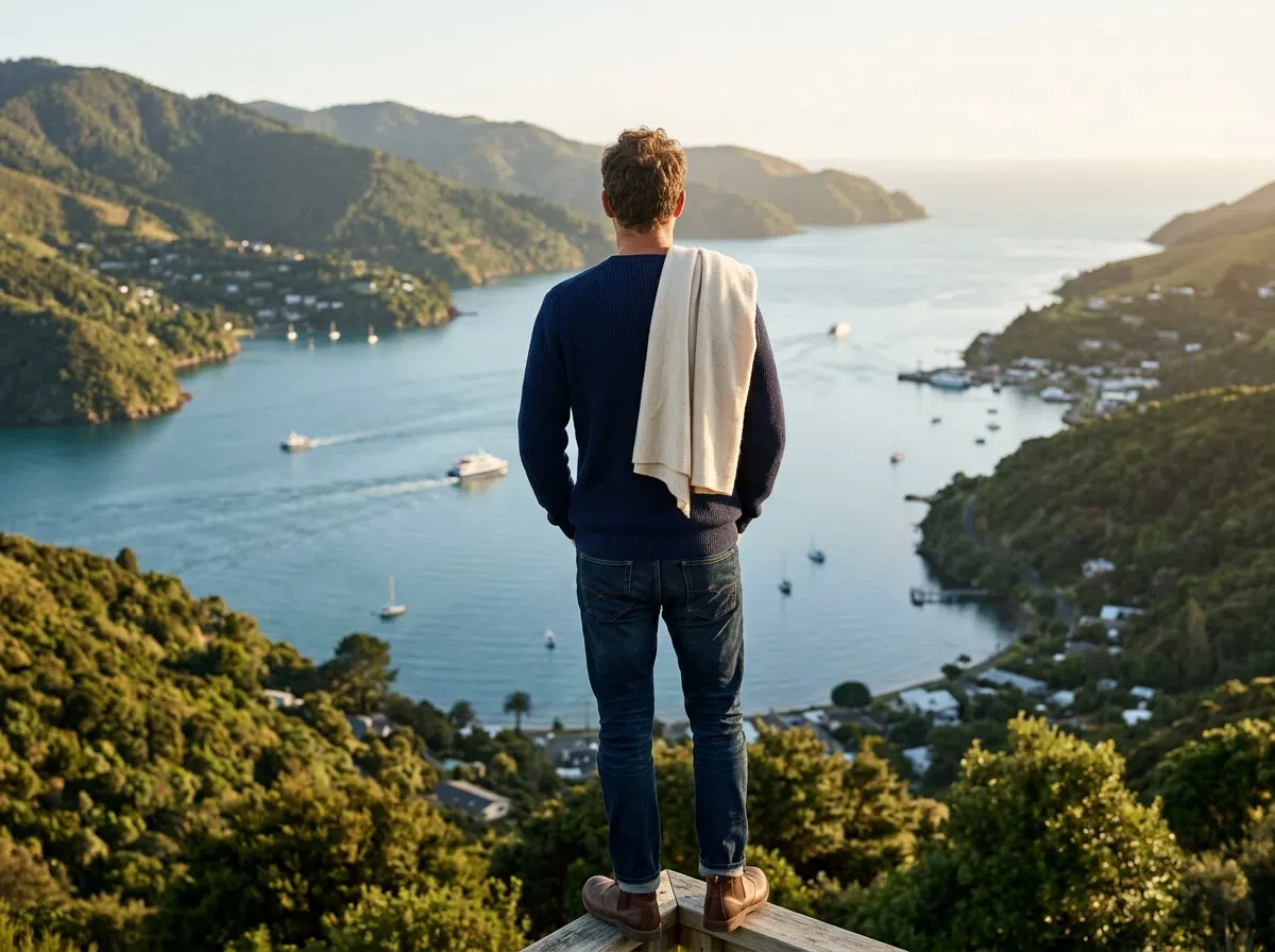 Anonymous man looking over New Zealand harbour - active lifestyle and men's urinary comfort support over 50