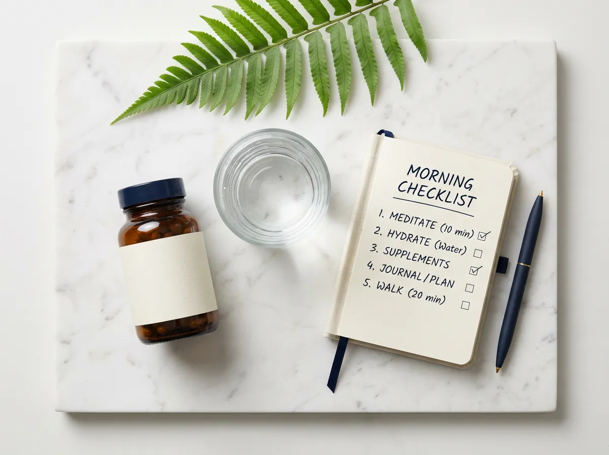 Men's morning wellness routine with supplement bottle, water, and checklist