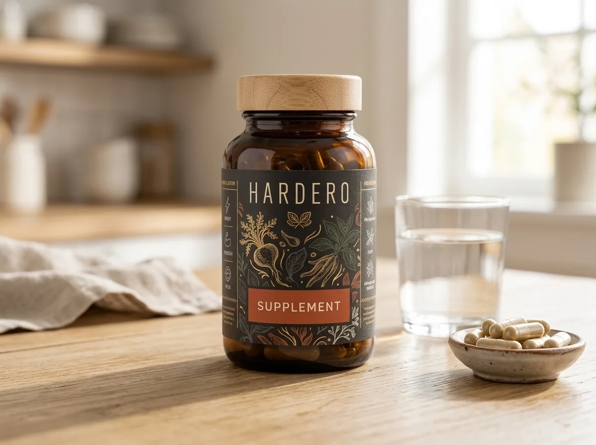 Hardero supplement bottle beside glass of water and fern - buy Hardero New Zealand online